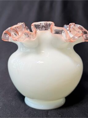 Fenton Rose Crest Milk Glass Bowl Crimped Rim Vase 1940s Decor VTG Pink Grandma